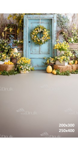 Tło fotograficzne „Błękitne drzwi z żółtymi tulipanami i wiosenną aranżacją” | E636